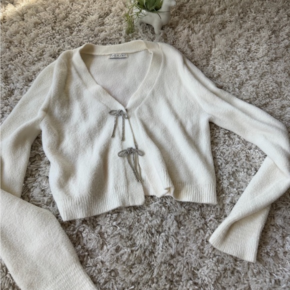 She + Sky Sweaters - She + Sky Cream soft Cardigan with shiny beautiful Bow Accents